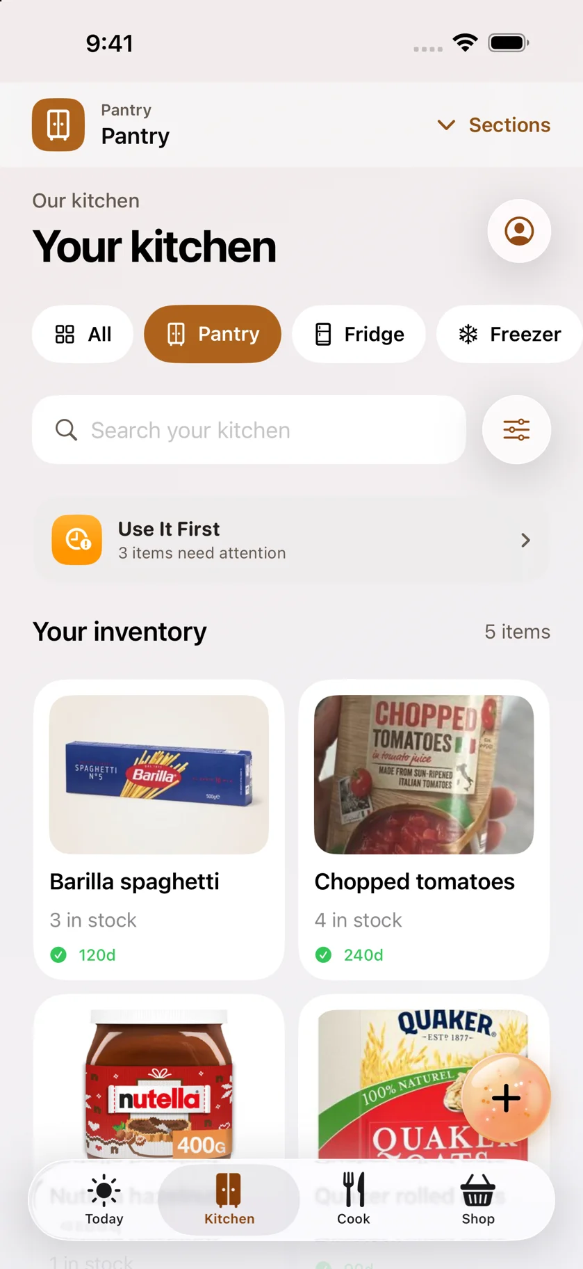 The new Kitchen screen with pantry categories and your food inventory