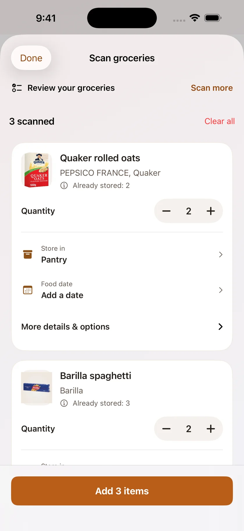 Scan review with quantity, storage, and food date controls