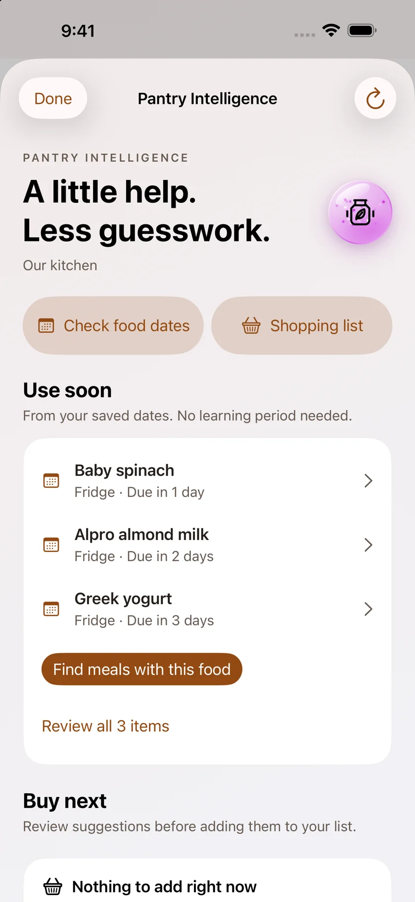 Pantry Intelligence highlighting food to use soon and suggestions to review before shopping