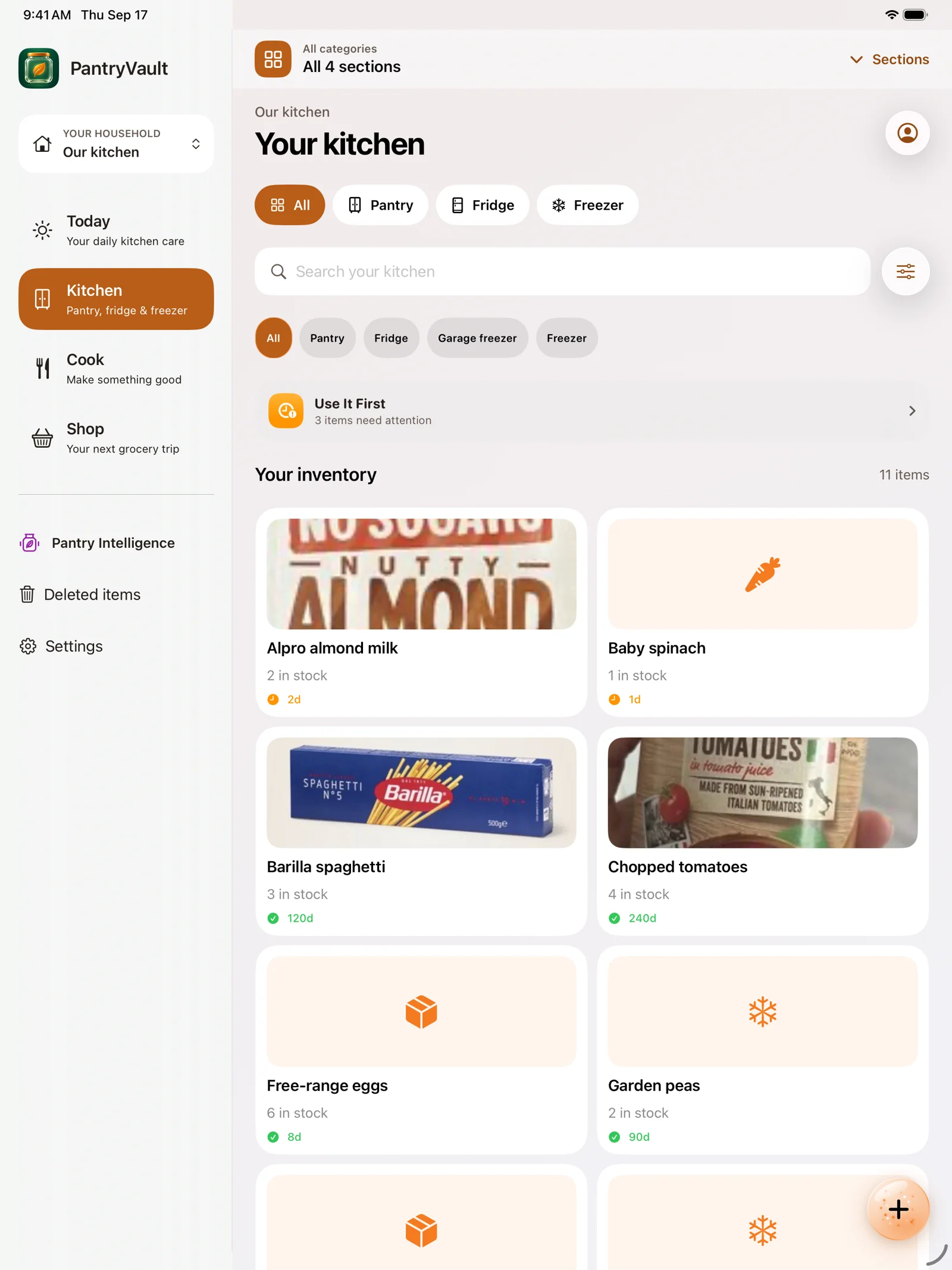 PantryVault on iPad with sidebar navigation and a spacious inventory grid